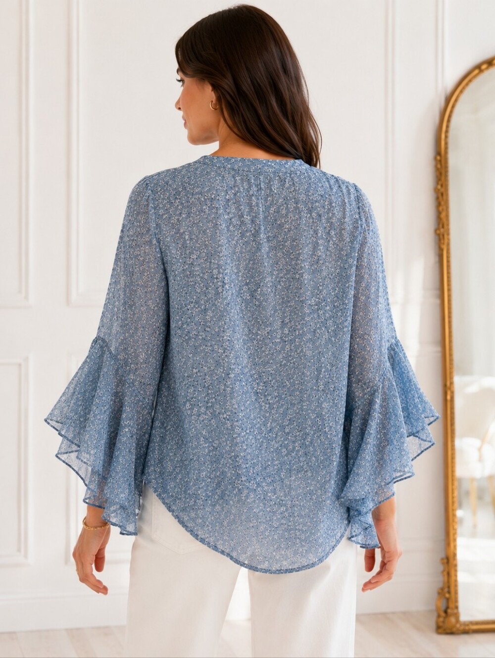 Timeson Blue Floral Ruffle Bell Sleeve Split Neck Blouse Size XXL Boho Romantic - Picture 2 of 8